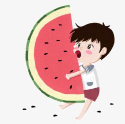 夏至节气插图手绘可爱男孩吃西瓜素材