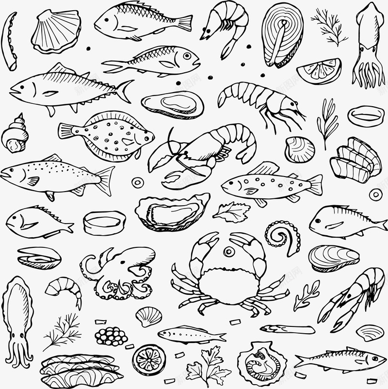 创意的海鲜简笔画png免抠素材_88icon https://88icon.com 手绘 新鲜的 海贝 海鲜 简笔画 螃蟹 鱿鱼 龙虾