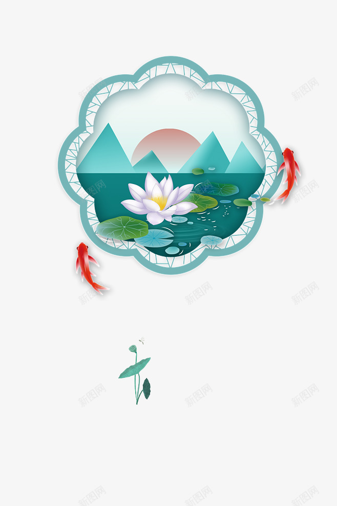 荷塘月色图元素png免抠素材_88icon https://88icon.com 好运锦鲤 月亮 荷塘 荷花 锦鲤