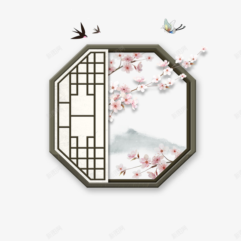 仿古雕花窗春季窗外景色psd免抠素材_88icon https://88icon.com 仿古 古代 古代花窗 春分 春季 燕子 窗外 窗户 节气