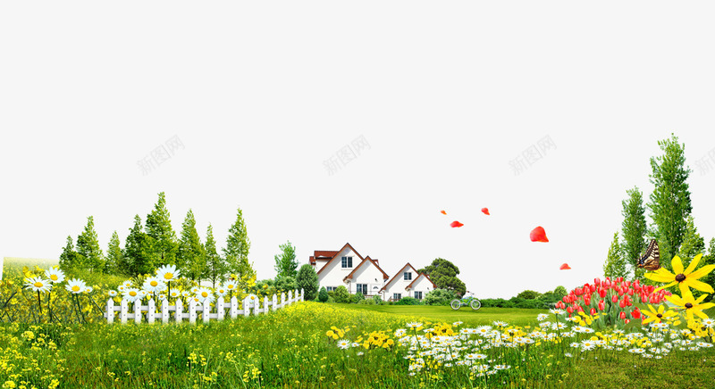 房屋松树花草背景png免抠素材_88icon https://88icon.com 乡村 房子 松树 田园背景免抠png 花草