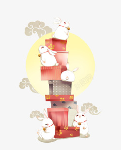 可爱月饼月兔卡通手绘月兔礼盒插画高清图片