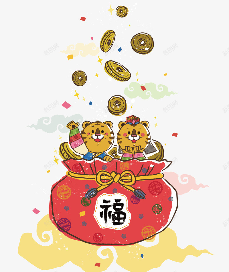 可爱的小老虎png免抠素材_88icon https://88icon.com 卡通 小动物 小老虎 招财 聚宝盆 聚宝盆图 金币