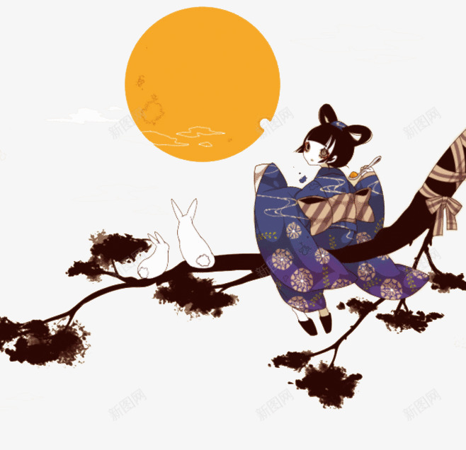 中秋png免抠素材_88icon https://88icon.com 中秋节 兔子 和风 圆月 嫦娥 松树 玉兔 黄月亮