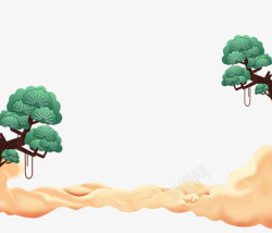 卡通中国风背景手绘中国风松树云朵插画高清图片