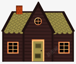 手绘棕色小房子绿房顶素材