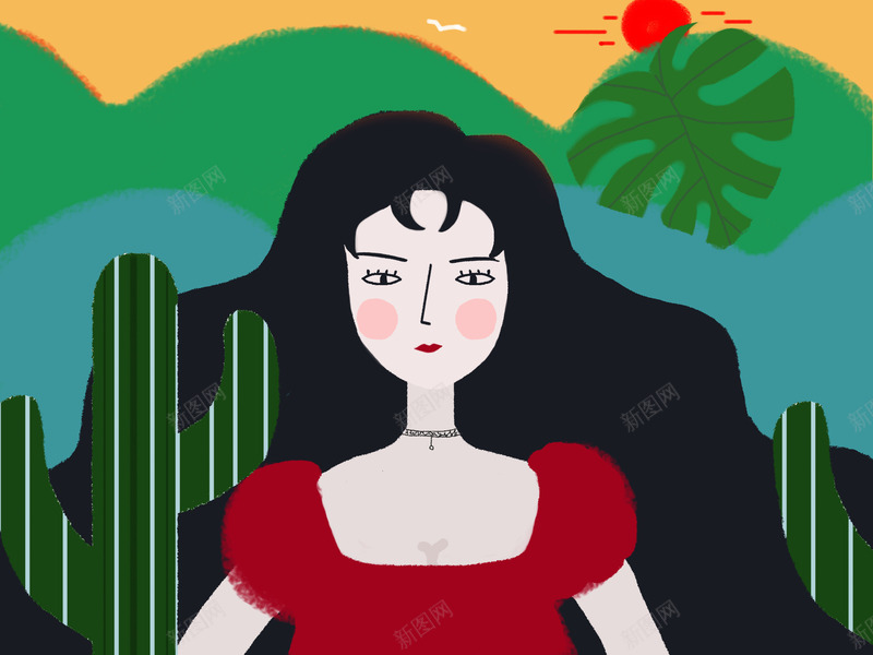 插画女孩封面png免抠素材_88icon https://88icon.com banner 仙人掌 太阳 女孩 山 插画