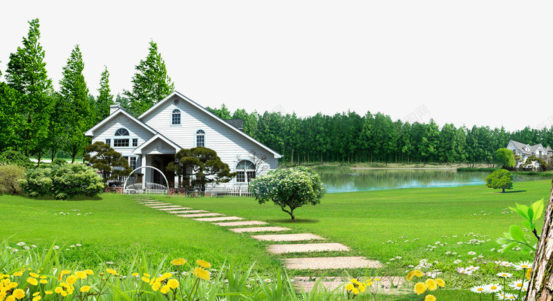 田园别墅森林草地背景psd免抠素材_88icon https://88icon.com 别墅 松树 树林 草坪 远处的森林 遍地野花 野花