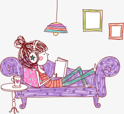 沙发上看书的女孩素材