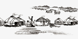 黑白线性插画手绘蒙古牧民生活场景高清图片