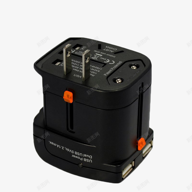 多用电源转换器png免抠素材_88icon https://88icon.com 产品实物 出国旅行插座 双USB接口充电 插座 转换插头 黑色
