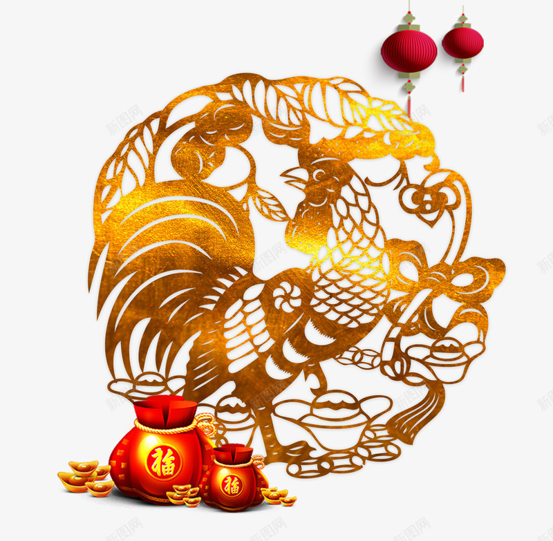 金色鸡年剪纸png免抠素材_88icon https://88icon.com PNG素材 免费素材 剪纸 福袋 红色 金色 钱袋