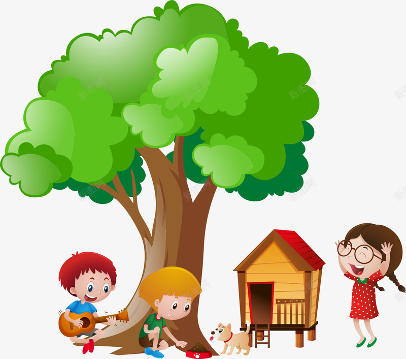 手绘在树下玩的小朋友png免抠素材_88icon https://88icon.com 卡通 小女孩 手绘 木头房子 狗窝
