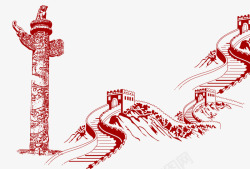 红色城墙手绘创意红色北京长城高清图片