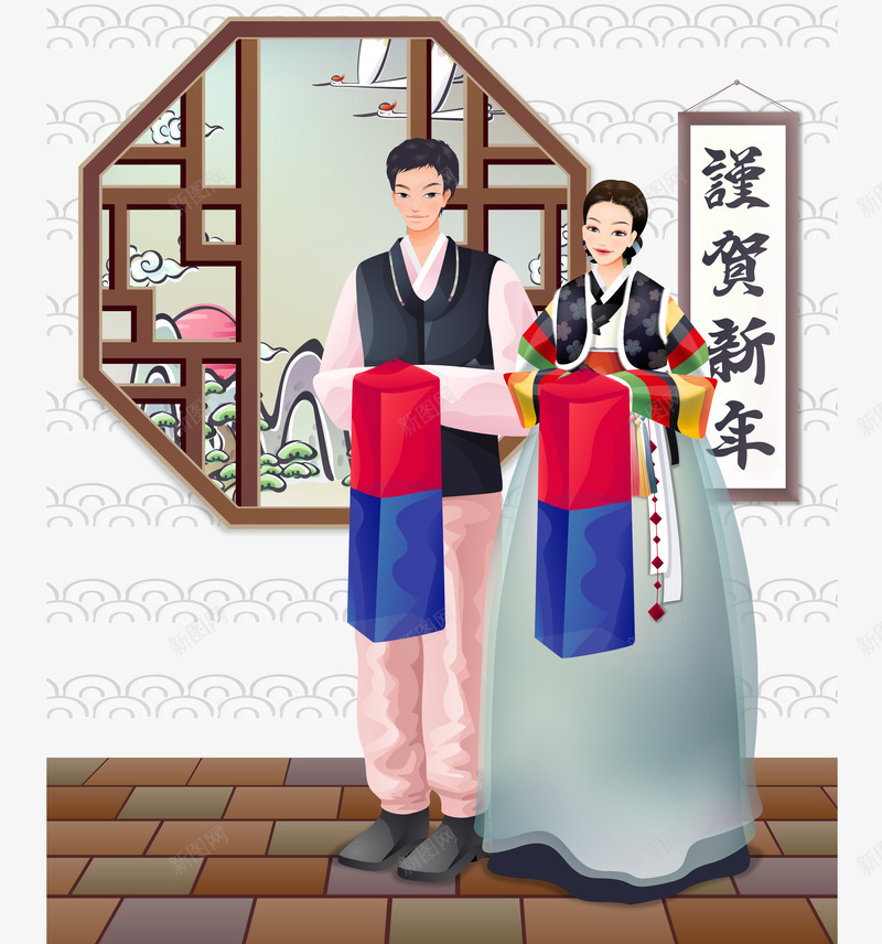 韩国传统夫妇插画矢量图ai免抠素材_88icon https://88icon.com 传统背景 夫妇 恭贺新年 朝鲜族 矢量图 韩国风插画图片设计