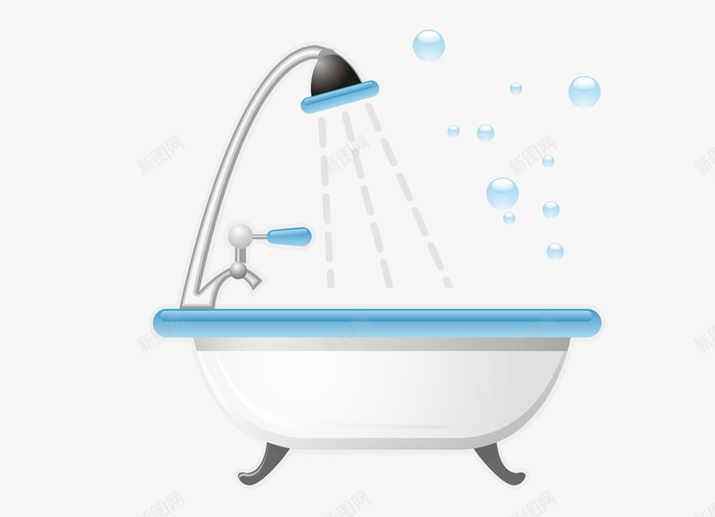 蓝边白色浴缸png免抠素材_88icon https://88icon.com 喷头 沐浴喷头 泡沫 泡泡浴 洗澡 矢量浴缸 矢量素材 蓝色泡泡