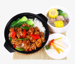 米饭套餐红烧排骨饭和玉米排骨汤高清图片