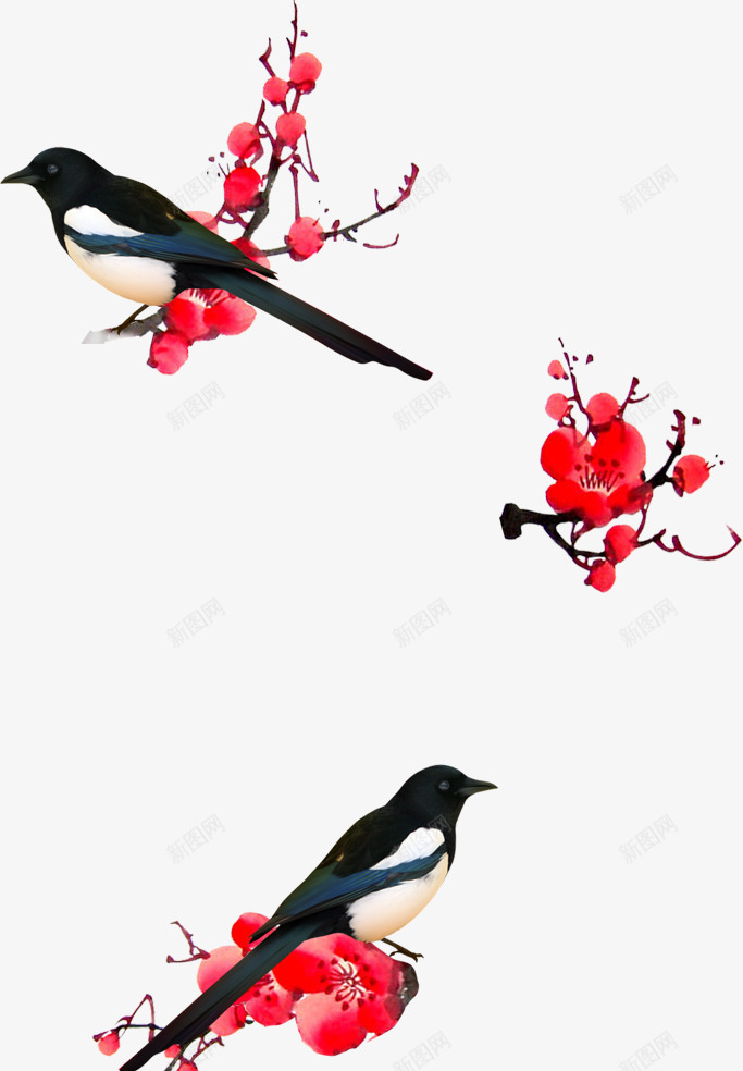 梅花与喜鹊png免抠素材_88icon https://88icon.com 吉祥的象征 喜鹊飞上枝头 梅花枝 节日元素 花鸟