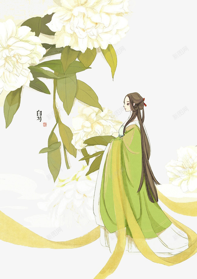 白芍美人png免抠素材_88icon https://88icon.com 古人 唯美 白芍花 绿色 花朵