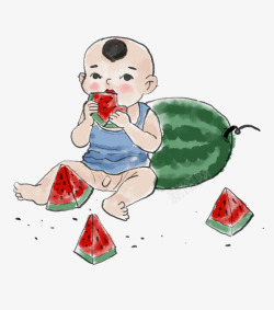 手绘水墨装饰插画夏至吃西瓜的小素材