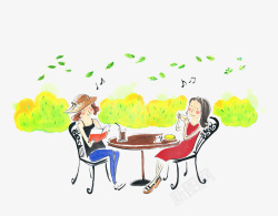 坐在外边聊天喝茶的两个女子素材