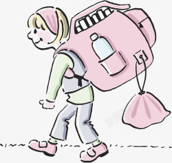 卡通人物背着书包的小女孩素材