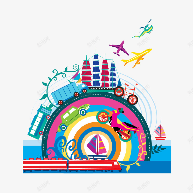 时尚旅游元素png免抠素材_88icon https://88icon.com 列车 创意设计 巴士 帆船 摩托车 时尚 汽车 潮流 火车 设计元素 飞机