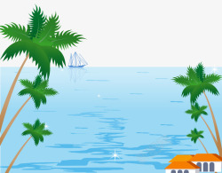 卡通手绘海上帆船椰树房屋矢量图素材