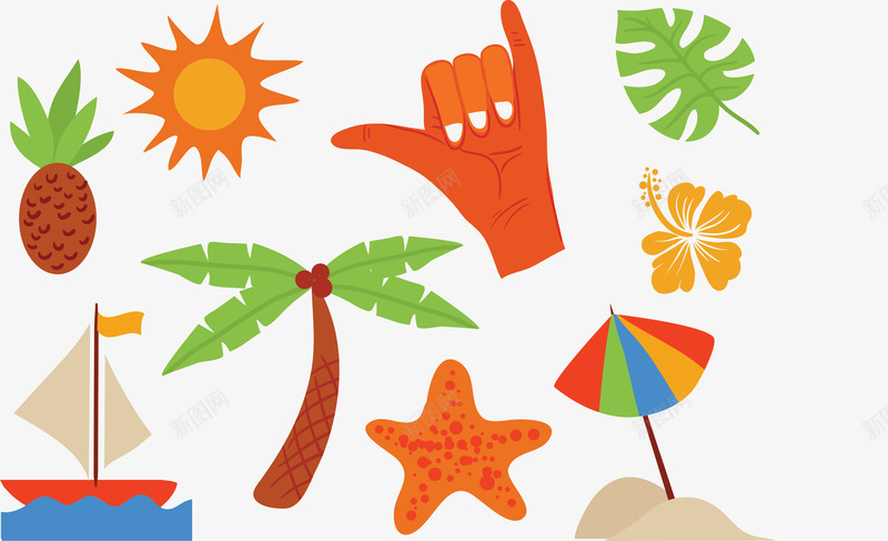 海岛旅游矢量图ai免抠素材_88icon https://88icon.com 一个海星 椰树 沙滩遮阳伞 矢量图