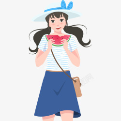 吃西瓜少女夏日吃西瓜少女插画矢量图高清图片