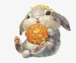 卡通手绘小兔子吃月饼素材