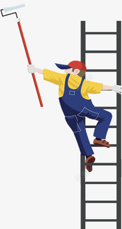 工人卡通插图爬着梯子刷墙的装修工人高清图片