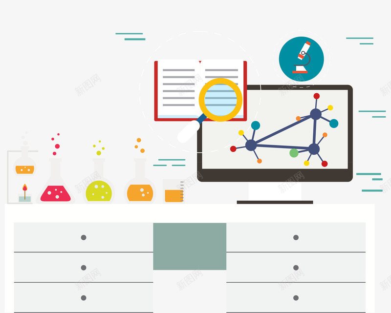 化学实验室矢量图ai免抠素材_88icon https://88icon.com 书本 化学 实验室 电脑显示器 试管 矢量图