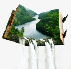 大自然风景书本创意合成流向大地的瀑布高清图片