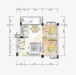 手绘风格两房两厅彩平图平面户型素材
