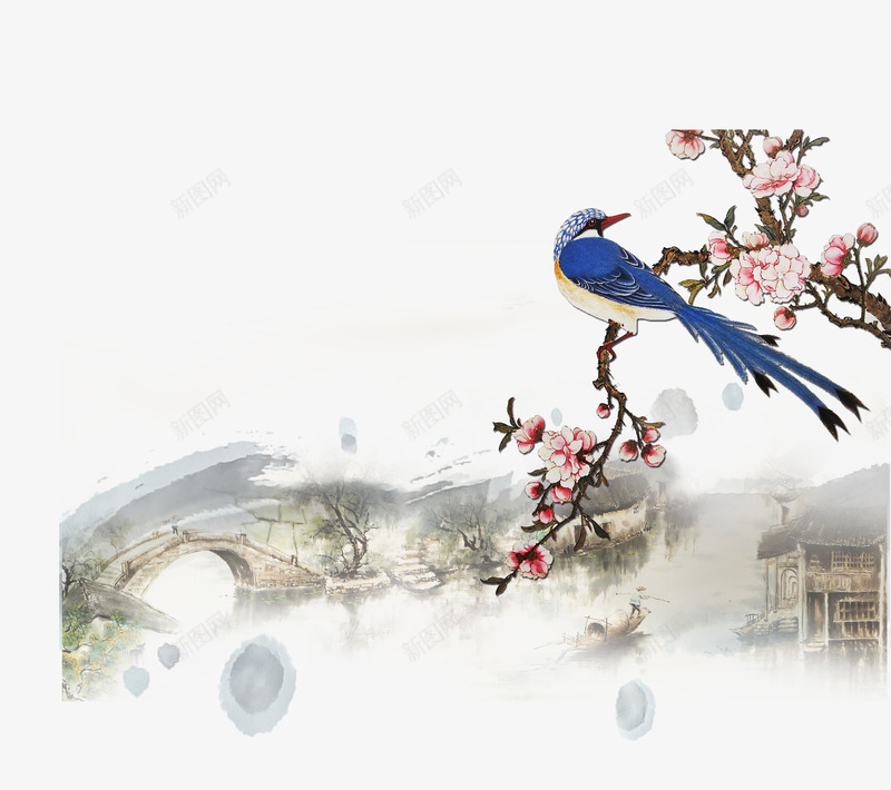 烟雨江南工笔花鸟画psd免抠素材_88icon https://88icon.com 免抠图图片 墩桥 工笔画 工笔画背景纹理 梅花 花鸟