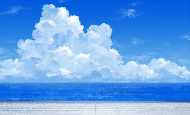 蓝天白云大海水彩画海报背景背景