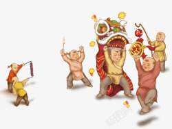 唯美精美中国风卡通可爱小人舞狮素材