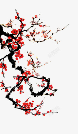 雪元素红色中国风国画手绘梅花高清图片