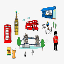 红色小巴士手绘伦敦桥高清图片
