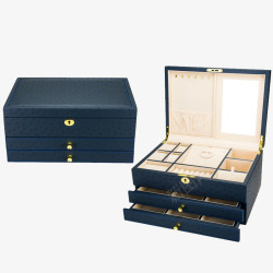 古典珠宝首饰盒蓝色鸵鸟PU皮首饰盒高清图片