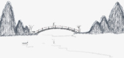 中国风高山拱桥装饰水墨插画素材