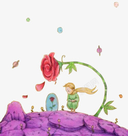 彩色病毒基手绘插画小王子与玫瑰花高清图片