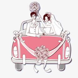 结婚夫妇坐在婚车上的夫妇高清图片