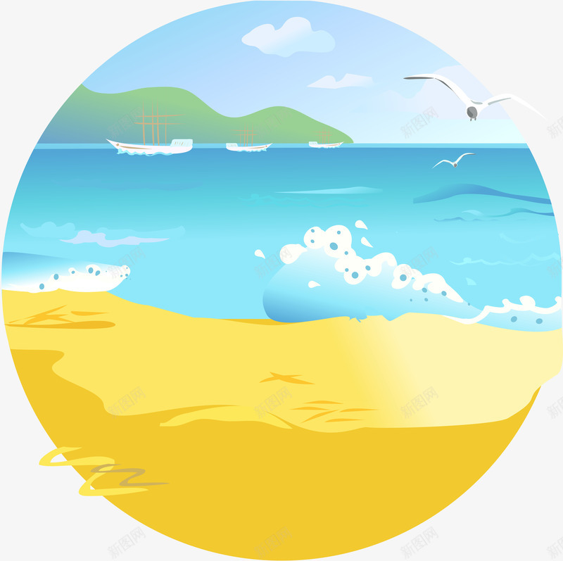 圆形海边风景png免抠素材_88icon https://88icon.com 沙滩 海边 海鸥 蓝色 黄色