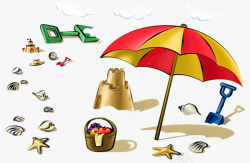 卡通手绘太阳伞贝壳沙滩素材