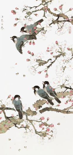 赏花节水墨桃花树上的鸟背景高清图片