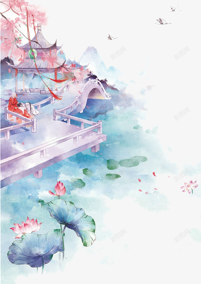 古风水彩画png免抠素材_88icon https://88icon.com 中国风 古风 拱桥 水彩画 池塘 背景元素