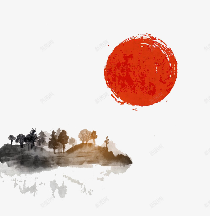 水墨日本国画png免抠素材_88icon https://88icon.com 书画 太阳 山水画 水墨画