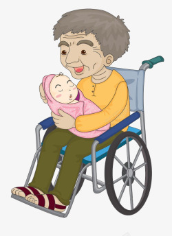 坐在轮椅上面抱婴儿的老人素材